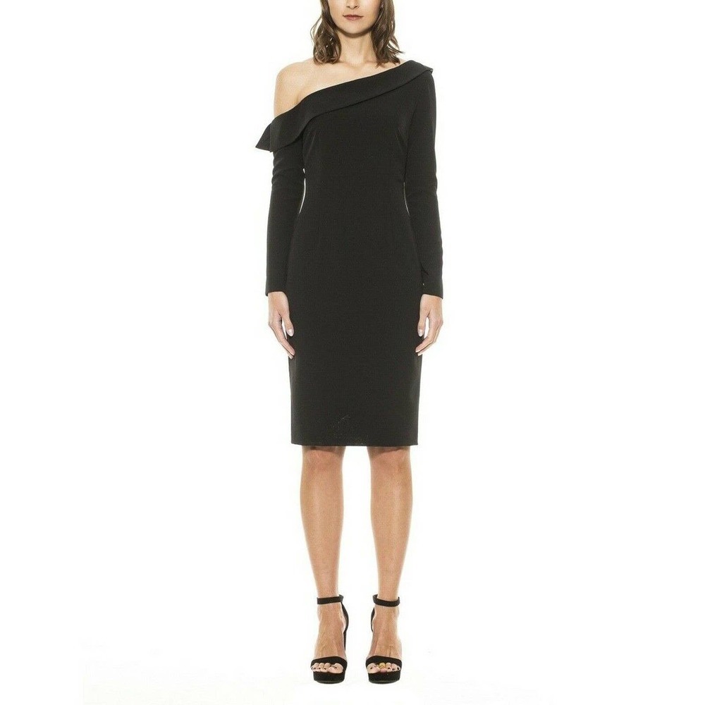 Alexia Admor Dress 1 Shoulder Retro Black Cocktail Asymmetric Cuff Detail Sheath